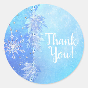 Sticker Rond Feuilles d'hiver bleues et flocons de neige Élégan