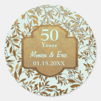 Sticker Rond Feuilles d'or 50e anniversaire Mariage