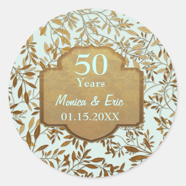 Sticker Rond Feuilles d'or 50e anniversaire Mariage (Devant)
