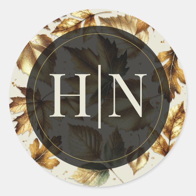 Sticker Rond Feuilles d'or Abricot beige Crème noir Mariage d'a (Devant)