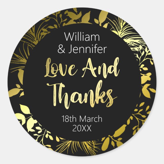 Sticker Rond Feuilles d'or noir bougie Lip Balm mariage Favoris (Devant)