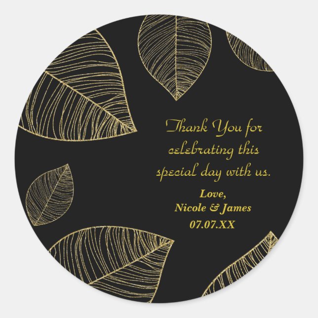 Sticker Rond Feuilles d'or sur Black Elegant Wedding Favor (Devant)