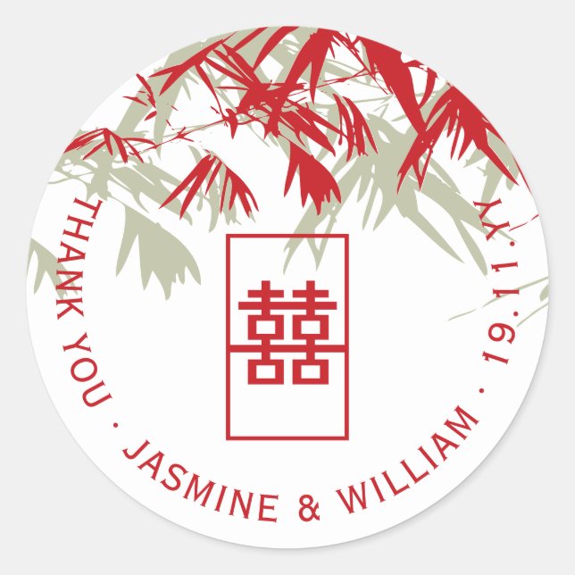 Sticker Rond Feuilles en bambou rouge et mousse Mariage chinois (Devant)