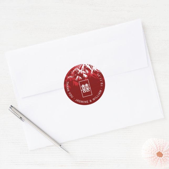 Sticker Rond Feuilles en bambou rouge Shuang Xi Mariage chinois (Enveloppe)