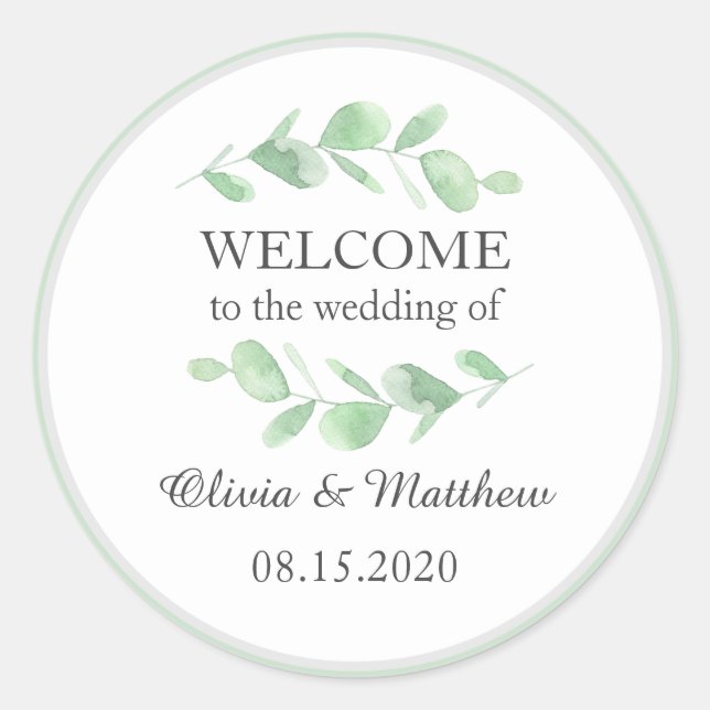 Sticker Rond Feuilles eucalyptus. Mariage simple Woodland Bienv (Devant)