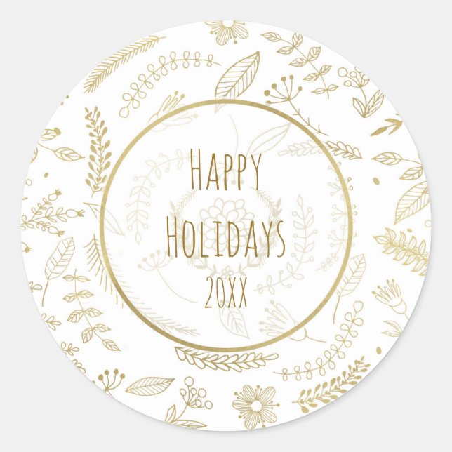 Sticker Rond Feuilles Florales Dorées Noël Rustique Férié (Devant)