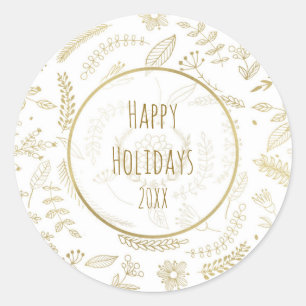 Sticker Rond Feuilles Florales Dorées Noël Rustique Férié
