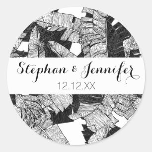 Sticker Rond Feuilles modernes de banane tropicale noire et bla