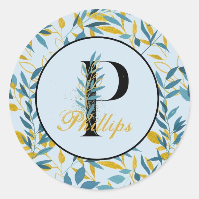 Sticker Rond Feuilles Modernes Monogramme Or Navy "Lettre P" (Devant)