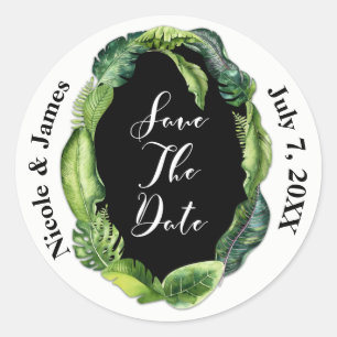 Sticker Rond Feuilles Tropicales Mariage Chic Été Enregistrez l