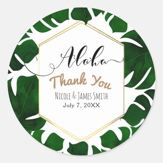 Sticker Rond Feuilles tropicales vert foncé Mariage blanc et or (Devant)