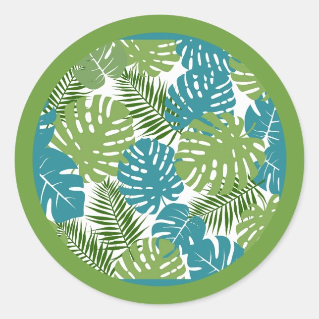 Sticker Rond Feuilles tropicaux, arrière - plan vert, (Devant)