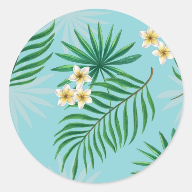 Sticker Rond Feuilles tropicaux et fleurs (Devant)