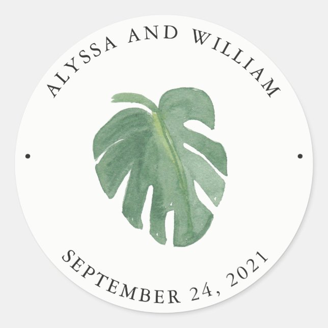 Sticker Rond Feuilles tropicaux | Mariage vert et blanc (Devant)