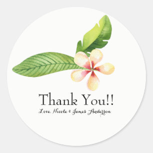 Sticker Rond Feuilles tropicaux & Plumeria Aquarelle Fleur Fave