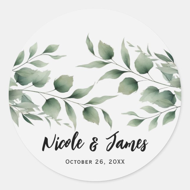 Sticker Rond Feuilles verdoyants minimaux Mariage blanc moderne (Devant)