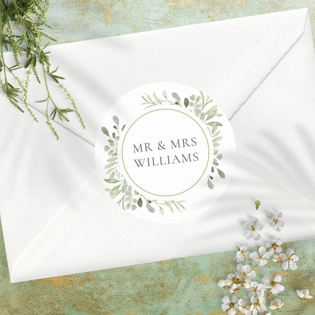 Sticker Rond Feuilles verdoyants MR & MRS Wedding Favor (Créateur téléchargé)
