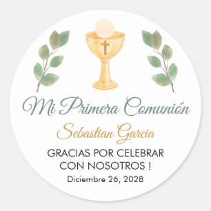 Sticker Rond Feuilles verts mignons en première communion espag