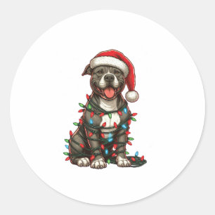 Sticker Rond Feux de Noël de Chien à mâchoire Santa Chapeau Noë