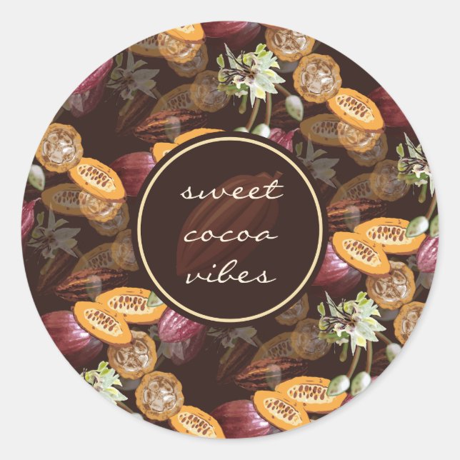 Sticker Rond Fèves et fleurs de cacao, Motif de chocolat (Devant)