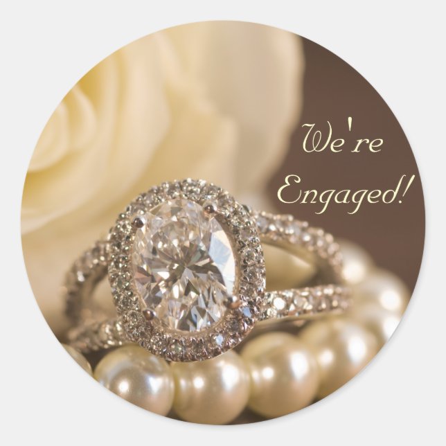 Sticker Rond Fiançailles de mariage Oval Diamond Ring White Ros (Devant)