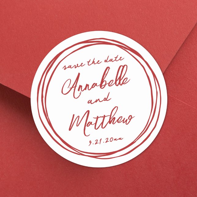 Sticker Rond Fiançailles Rouges Faire-Part Manuscrit de Date de (Simple Trendy Red Engagement Save The Date Classic Round Sticker )