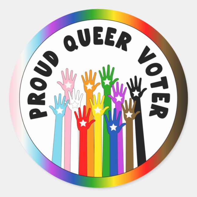Sticker Rond Fière Queer Voter mains arc-en-ciel (Devant)
