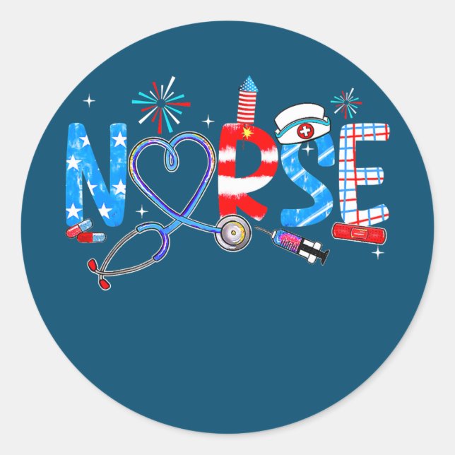 Sticker Rond Fierté Nurse USA Drapeau Stethoscope Patriotique N (Devant)