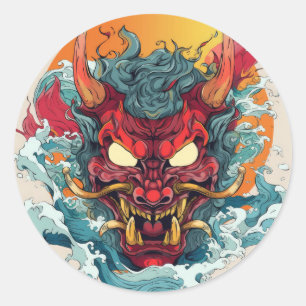 Sticker Rond Fiery Hannya Masque japonais