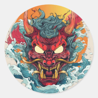 Sticker Rond Fiery Hannya Masque japonais