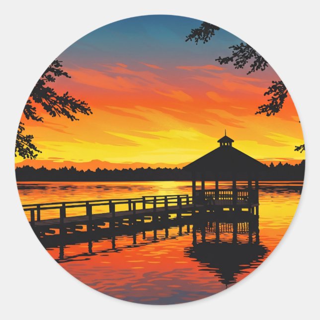 Sticker Rond Fiery Red Lake Sunset with Dock (Devant)