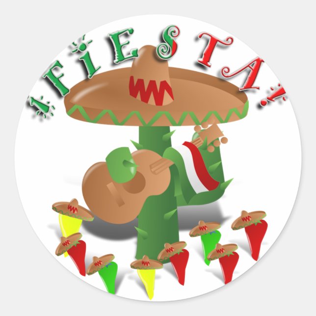 Sticker Rond Fiesta Cactus avec Sombrero & Guitare (Devant)