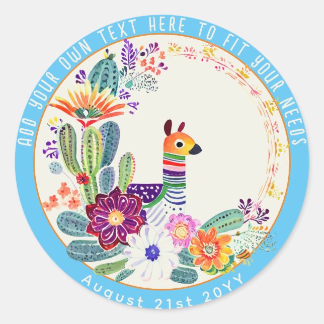 Sticker Rond FIESTA Cactus Lama Folkart Fleurs Bleu Personnalis (Devant)