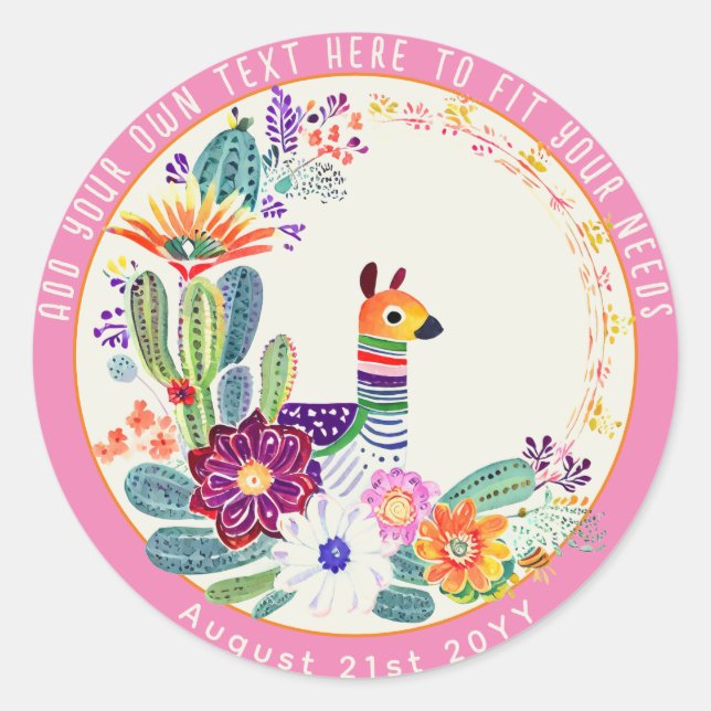 Sticker Rond FIESTA Cactus Llama FolkFlowers rose Personnalisé (Devant)