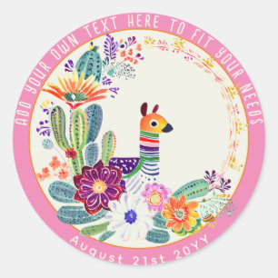 Sticker Rond FIESTA Cactus Llama FolkFlowers rose Personnalisé