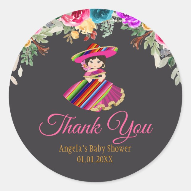Sticker Rond Fiesta Fille Fleurs Mexicaine (Devant)