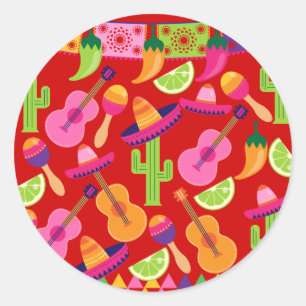 Sticker Rond Fiesta Party Sombrero Limes Guitare Maraca Saguaro
