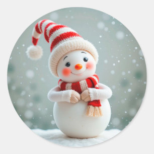 Sticker Rond Figurine de bonhomme de neige joyeux avec chapeau 