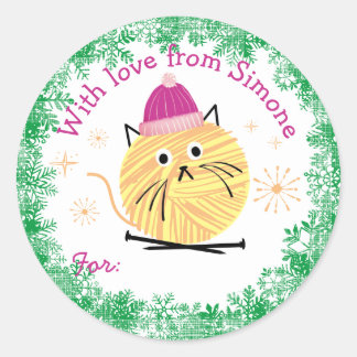 Sticker Rond Fil chaton fait main aiguilles de tricot de Noël