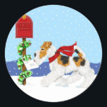 Sticker Rond Fil Fox Christmas Mail<br><div class="desc">Prenant ses voeux de vacances à la boîte aux lettres,  ce Wire Fox Terrier se balade à travers la neige en portant son foulard rouge tricoté. Adorable pour avoir ajouté quelques Fils Noël de joie cette saison des fêtes.</div>