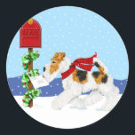 Sticker Rond Fil Fox Christmas Mail<br><div class="desc">Prenant ses voeux de vacances à la boîte aux lettres,  ce Wire Fox Terrier se balade à travers la neige en portant son foulard rouge tricoté. Adorable pour avoir ajouté quelques Fils Noël de joie cette saison des fêtes.</div>