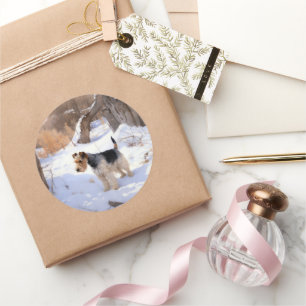 Sticker Rond Fil Fox Terrier Laisser neiger Noël