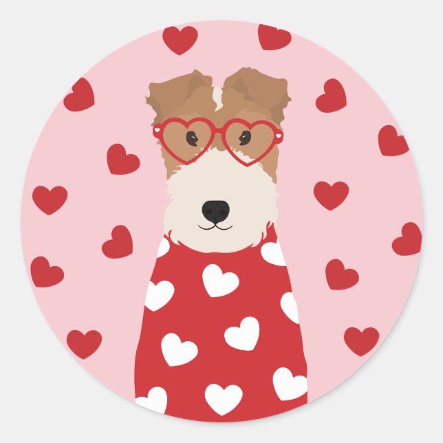 Sticker Rond Fil Fox Terrier Verres Coeur chien de chien rose (Devant)