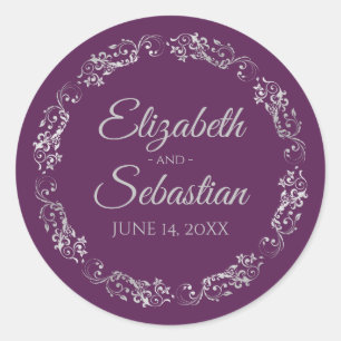 Sticker Rond Filigrane Argenté Élégant Mariage Raisin Pourpre