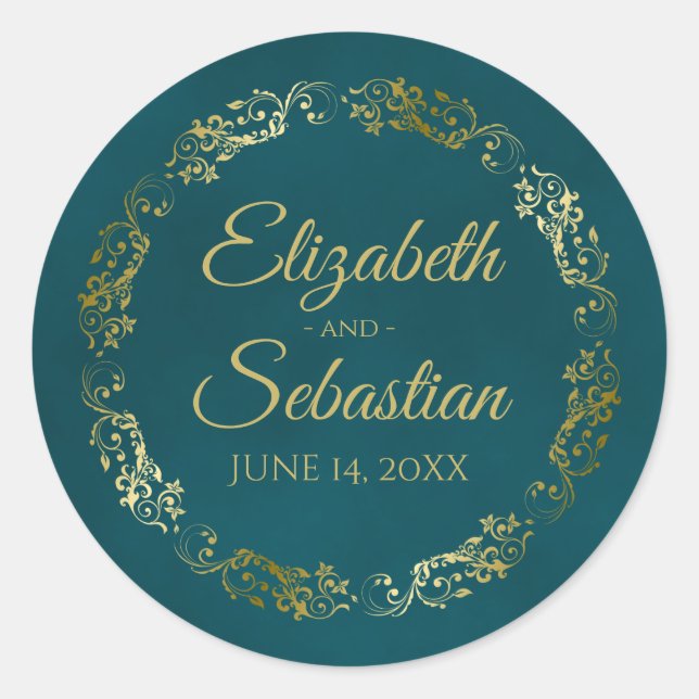 Sticker Rond Filigranes dorés élégants Noms de mariage sarcelle (Devant)