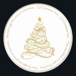 Sticker Rond Filigree métallique or "O Christmas Tree" paroles<br><div class="desc">Un sapin de Noël métallique doré avec de belles lignes courbes et des tourbillons et une étoile sur un arrière - plan blanc. Ce symbole de vacances minimaliste est d'or et de blanc et a un look propre, lumineux, gai; il répandra la joie tout au long de la fête. Le...</div>