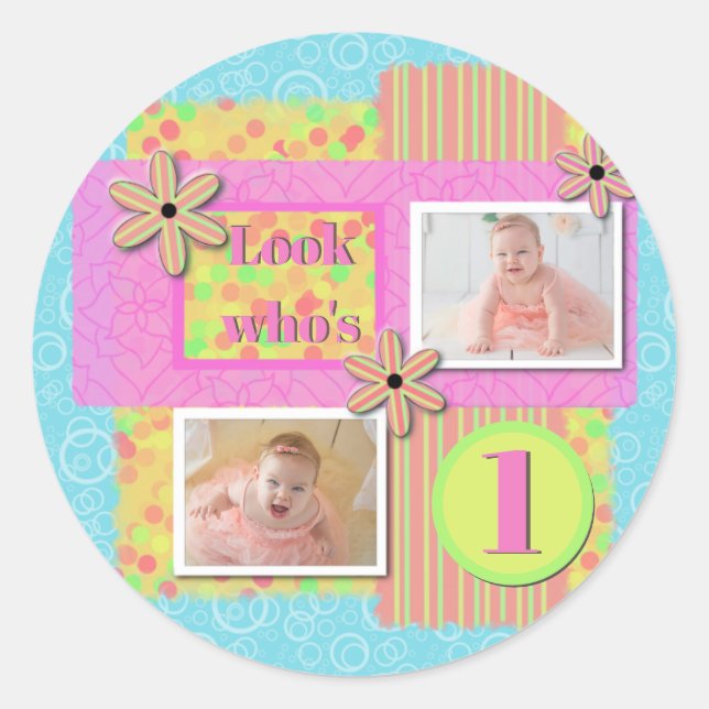 Sticker Rond Fille 1er Anniversaire Rose & Jaune Scrapbooking (Devant)