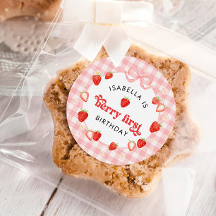 Sticker Rond Fille à la fraise pour son premier anniversaire