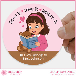Sticker Rond Fille à l'ours en peluche Ex-libris de la biblioth