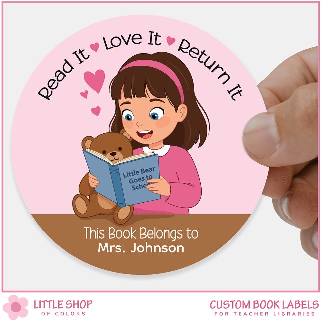 Sticker Rond Fille à l'ours en peluche Ex-libris de la biblioth (Créateur téléchargé)
